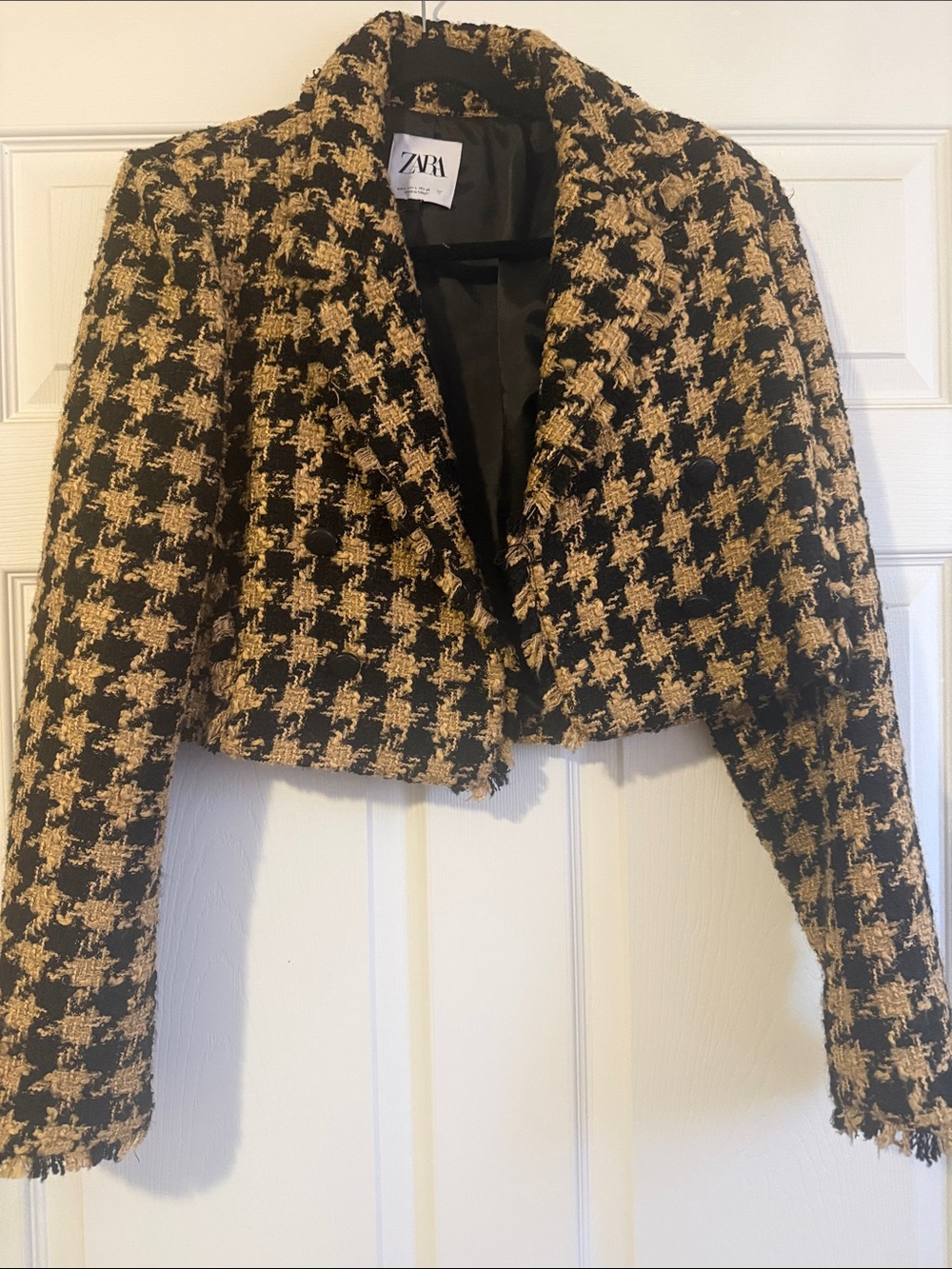 Zara Black and Tan Houndstooth Cropped Blazer